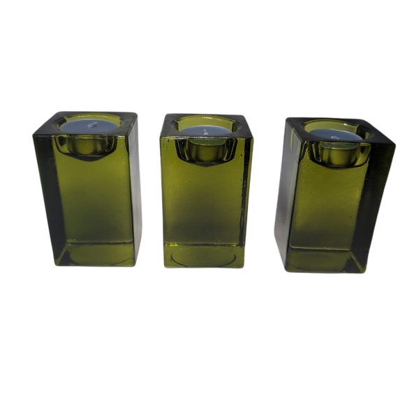 Set 3 block green glass candle holders midcentury - Picture 3 of 9